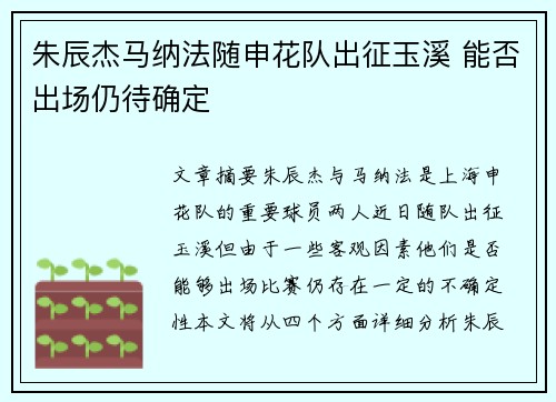 朱辰杰马纳法随申花队出征玉溪 能否出场仍待确定