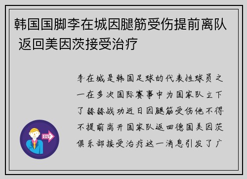 韩国国脚李在城因腿筋受伤提前离队 返回美因茨接受治疗